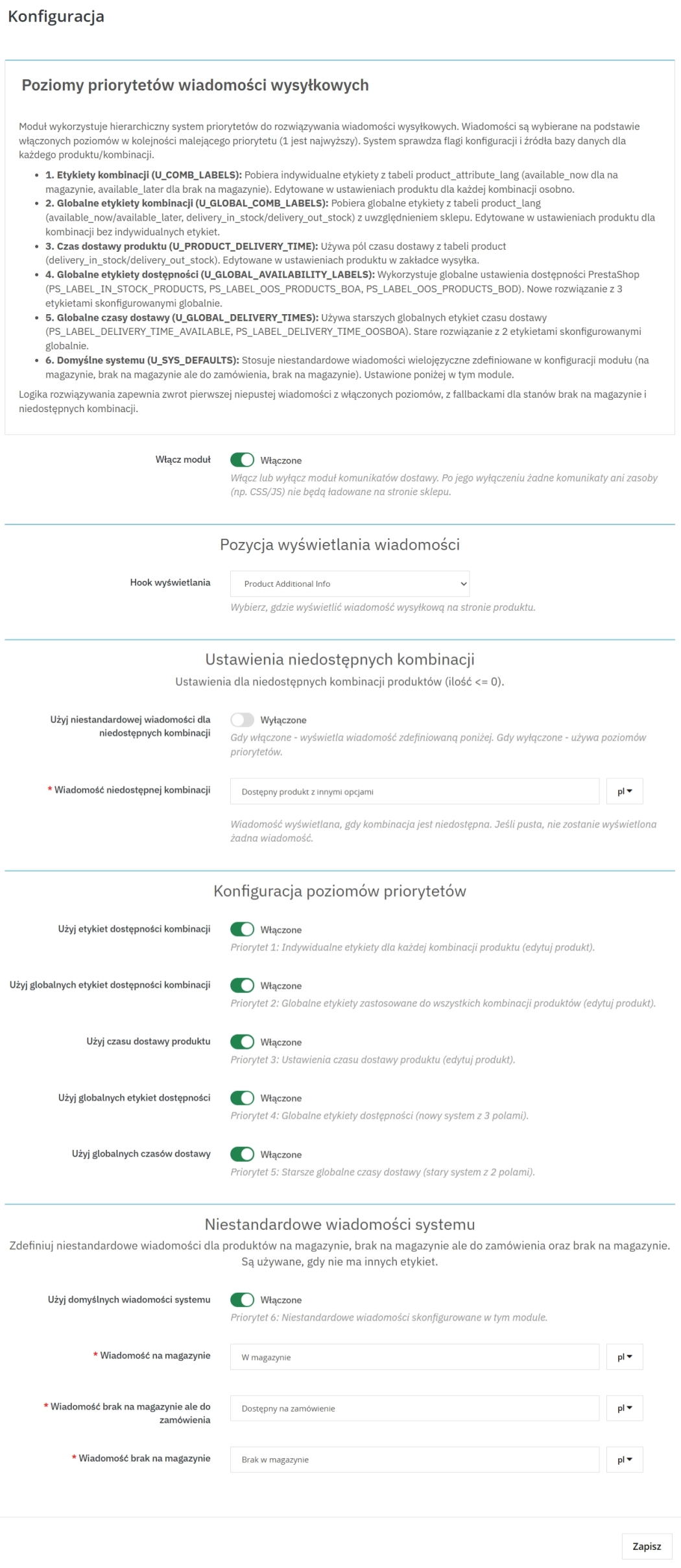 Etykiety dostępności produktów i kombinacji w PrestaShop