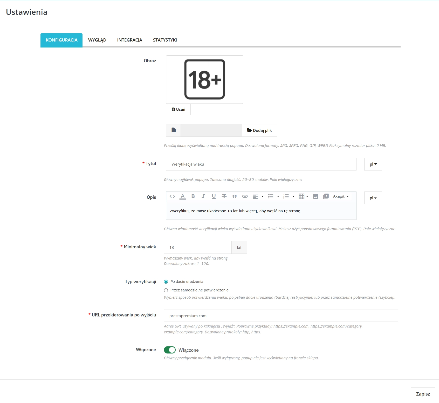 Moduł Weryfikacji Wieku PrestaShop (Age Gate) - Wersja Standard