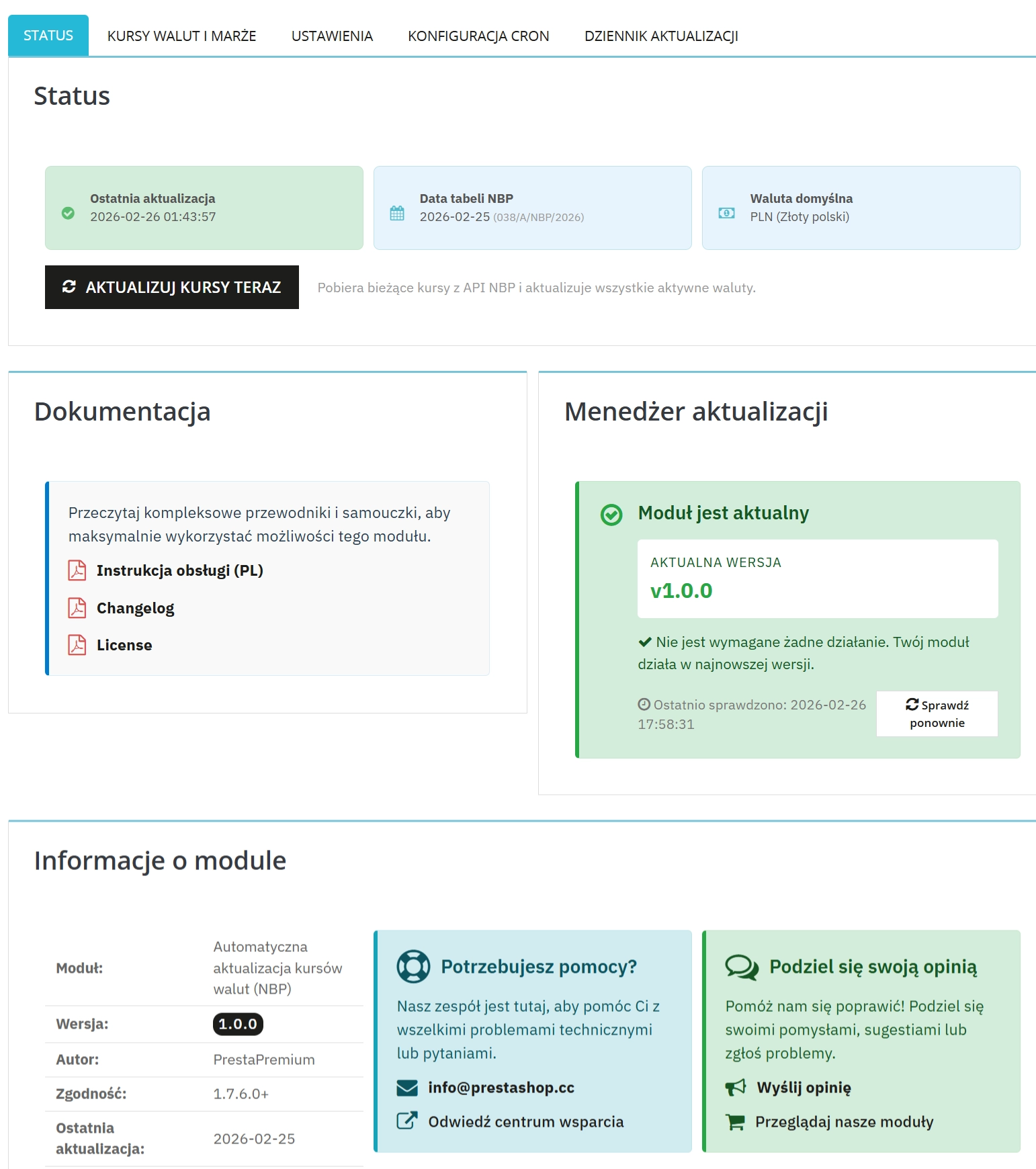 Automatyczne kursy walut NBP PrestaShop + Marże | Moduł