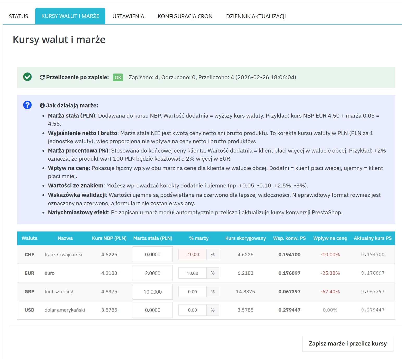 Automatic NBP exchange rates PrestaShop + Margins | Module