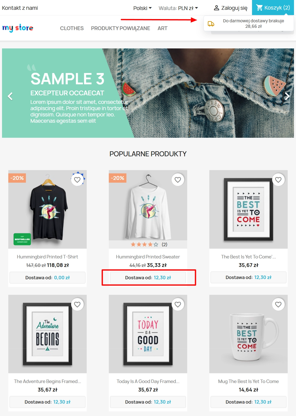 Pasek darmowej dostawy i szacowany koszt wysyłki dla PrestaShop