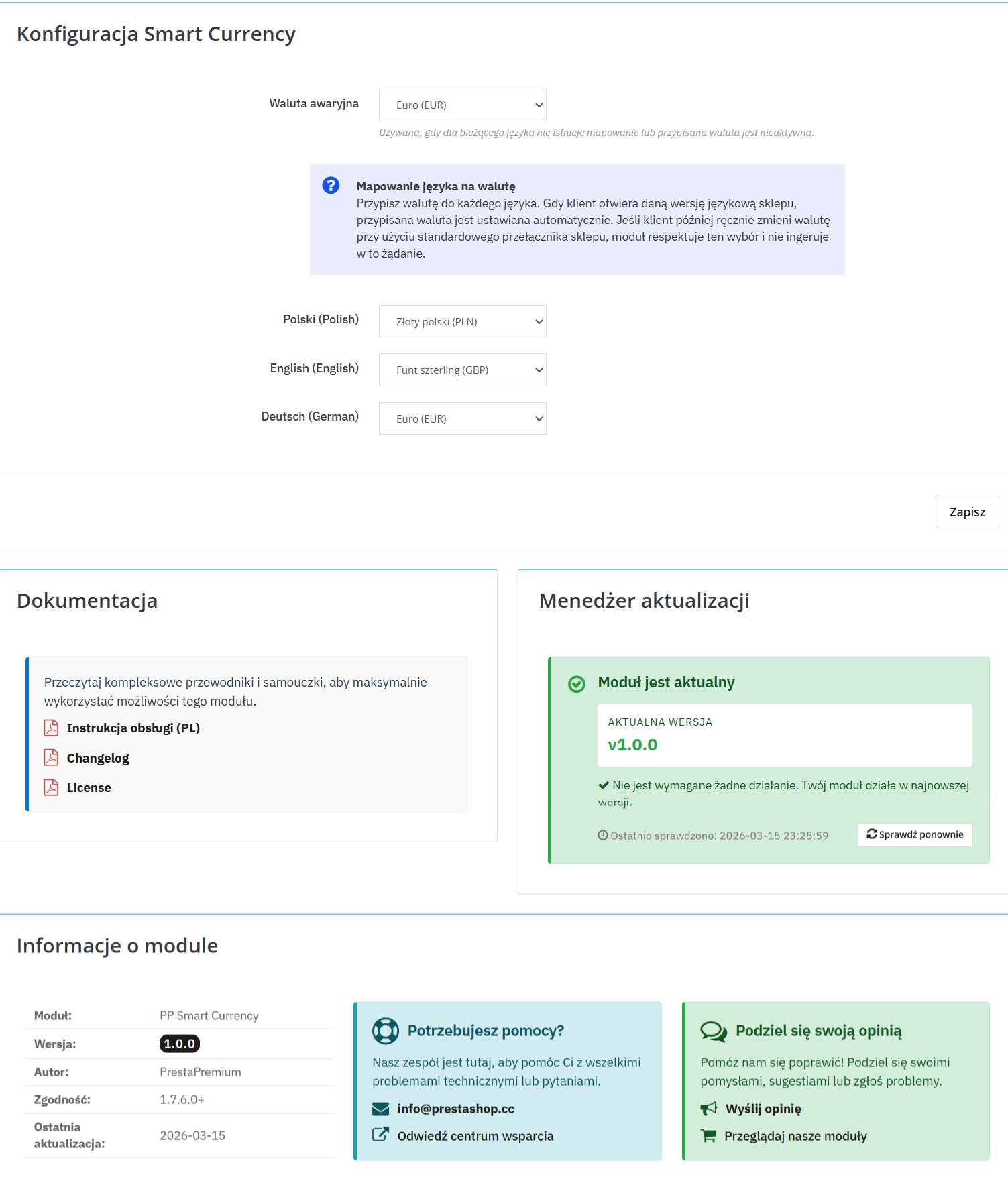 Moduł Smart Currency dla PrestaShop - automatyczna zmiana waluty wg języka