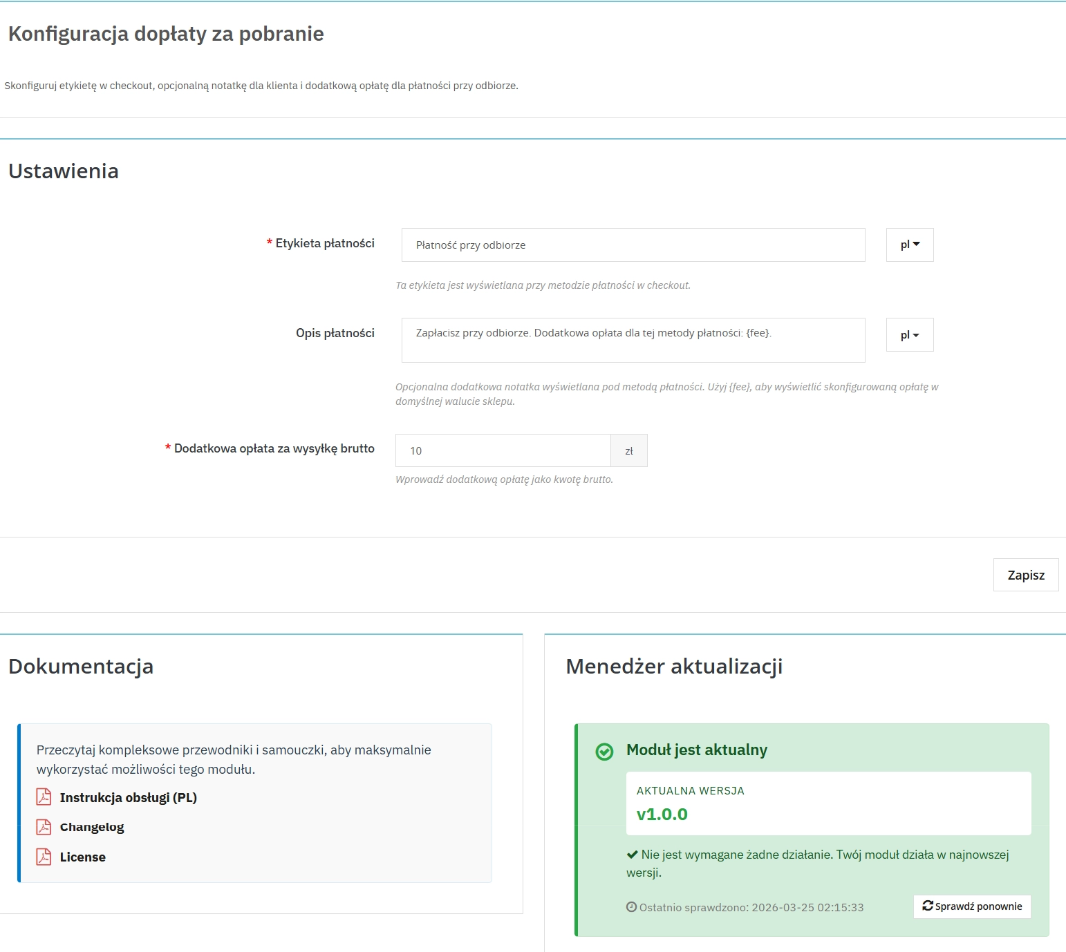 Płatność przy odbiorze (COD) z opłatą – moduł PrestaShop