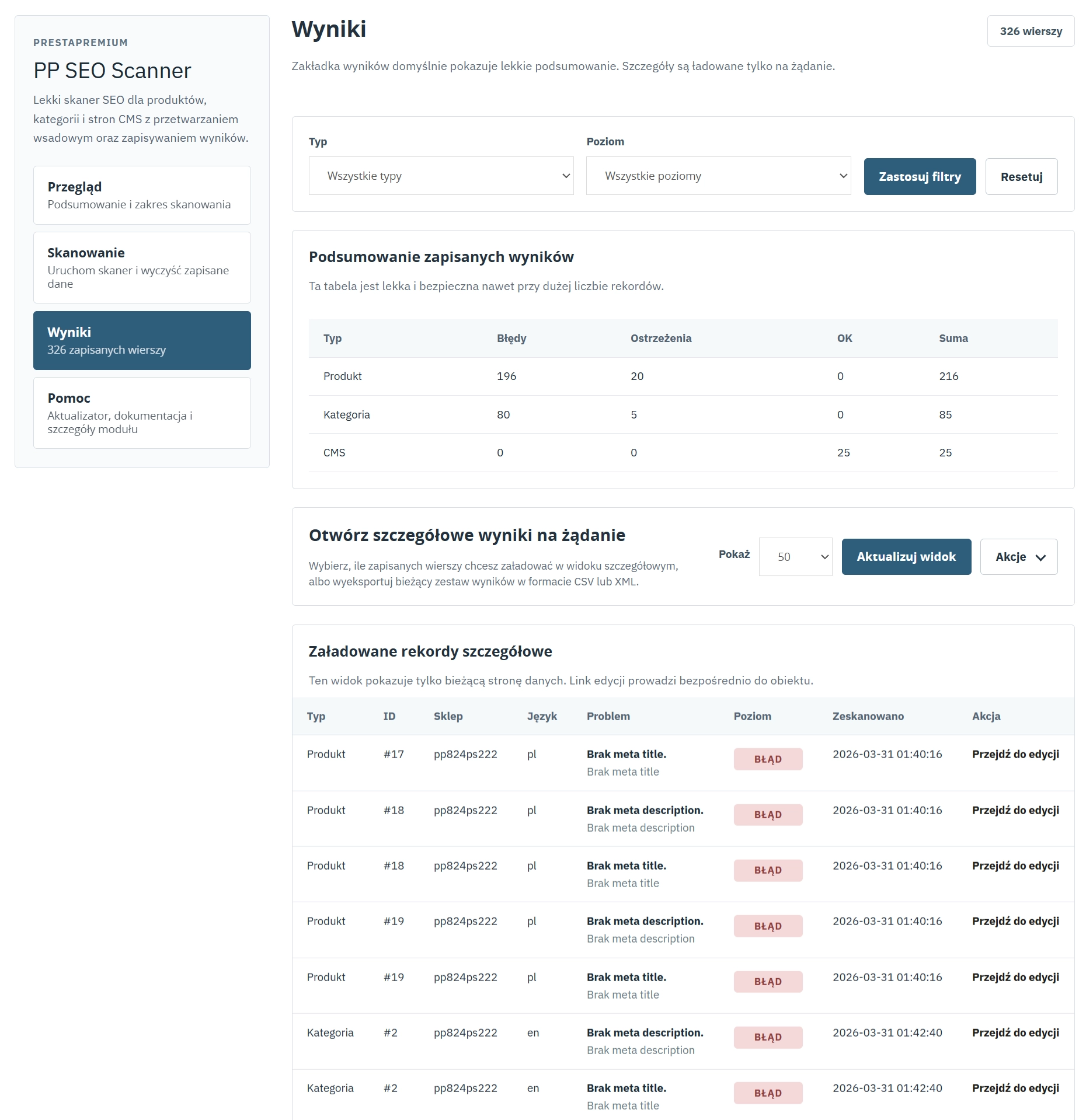 SEO Scanner - audyt SEO produktow, kategorii i CMS
