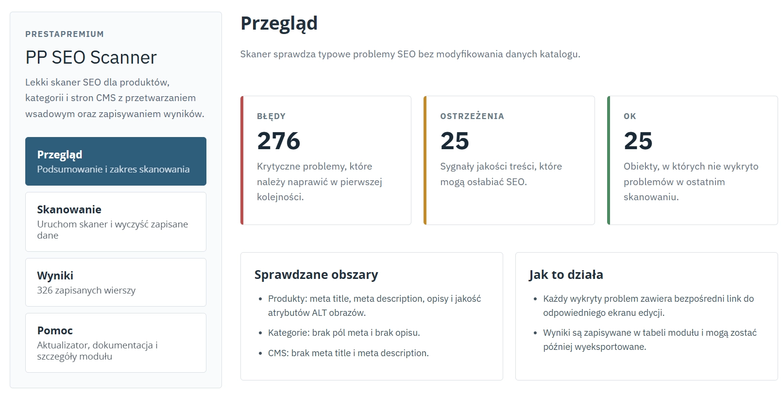 SEO Scanner - audyt SEO produktow, kategorii i CMS