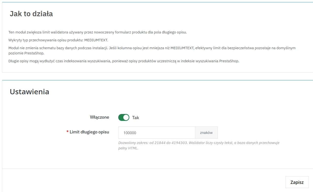 Increase the long description limit in PrestaShop 8/9 | Module