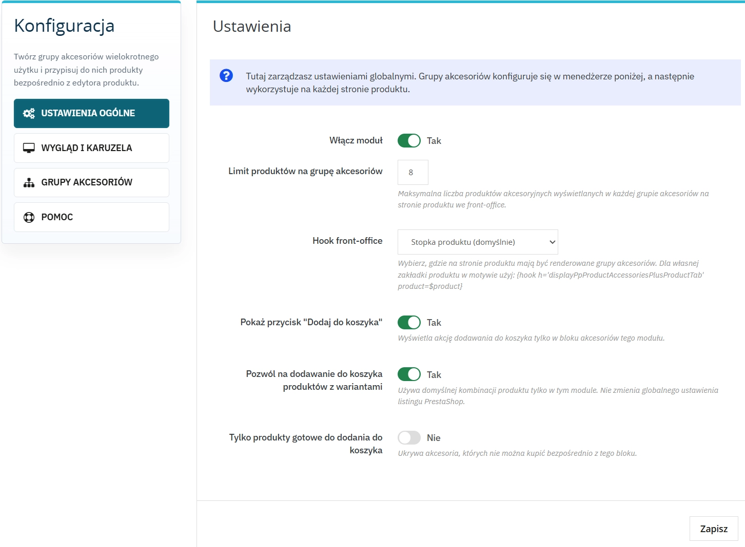 Moduł PrestaShop, Własne grupy produktów na karcie produktu