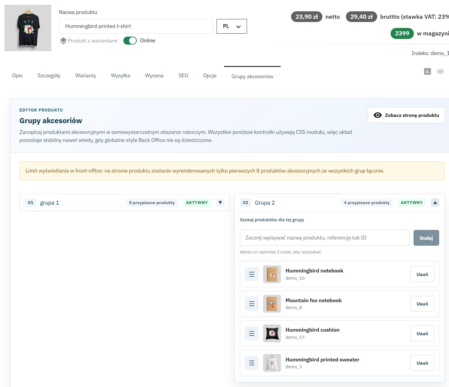 Moduł PrestaShop, Własne grupy produktów na karcie produktu