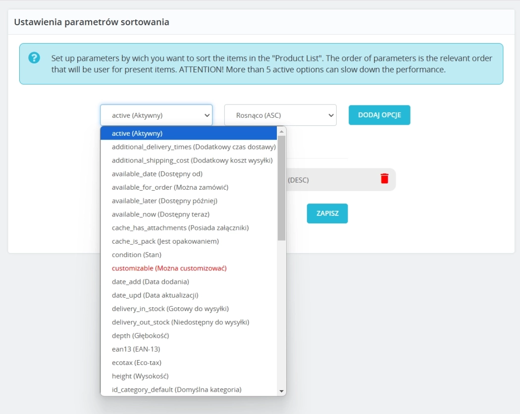 Advanced sorting in the product list