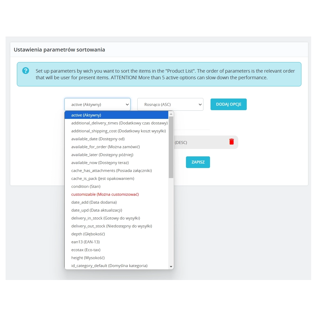 Advanced sorting in the product list