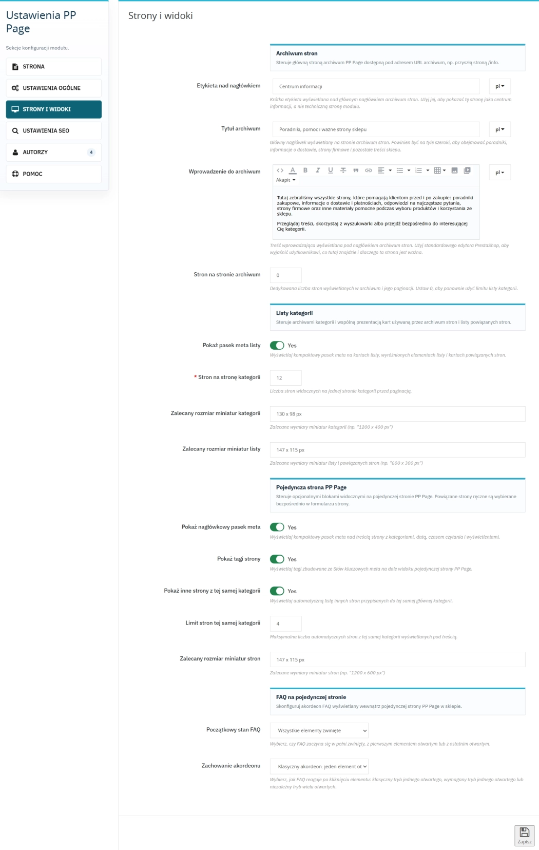 System stron PrestaShop – kategorie, FAQ i JSON-LD