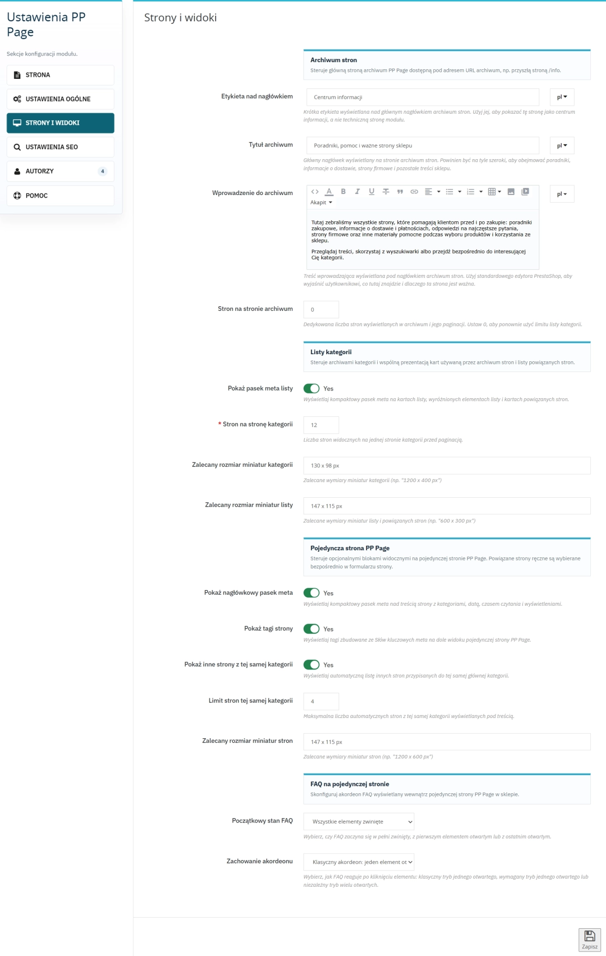 System stron PrestaShop – kategorie, FAQ i JSON-LD