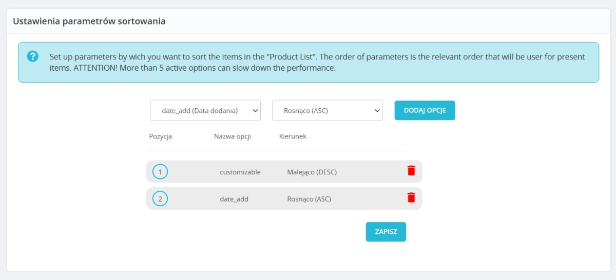 Advanced sorting in the product list