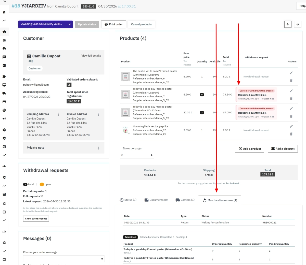PrestaShop withdrawal module for full and partial returns