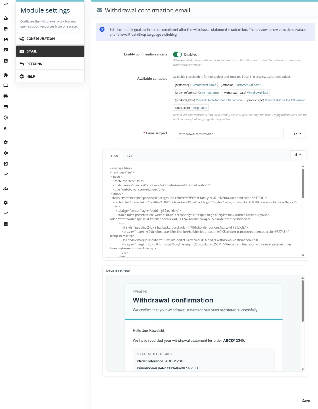 Odstąpienie od umowy PrestaShop dla pełnych i częściowych zwrotów