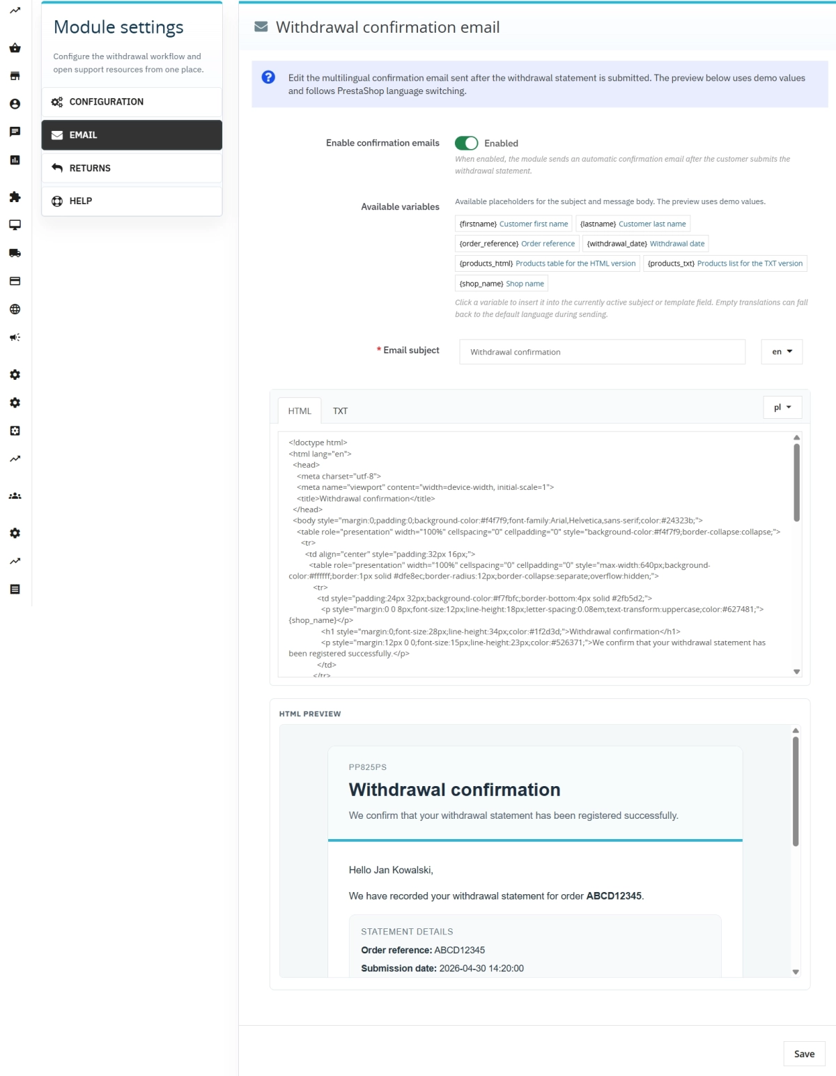 PrestaShop withdrawal module for full and partial returns