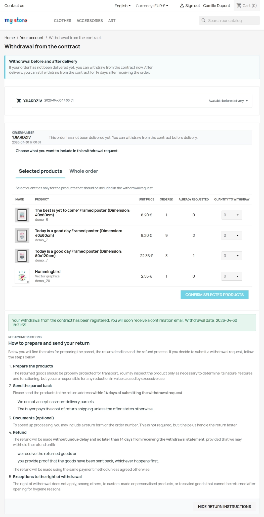 PrestaShop withdrawal module for full and partial returns