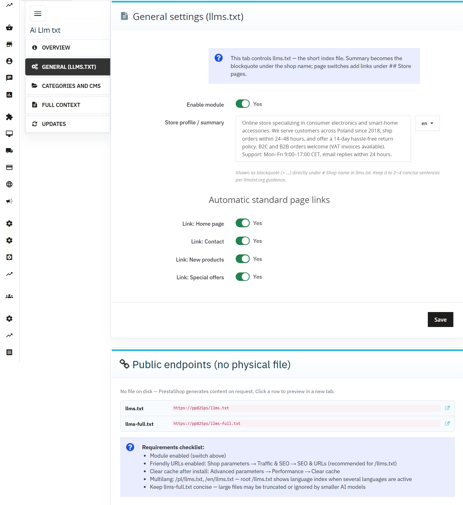 llms.txt dla PrestaShop — Dynamiczny Moduł AI & GEO