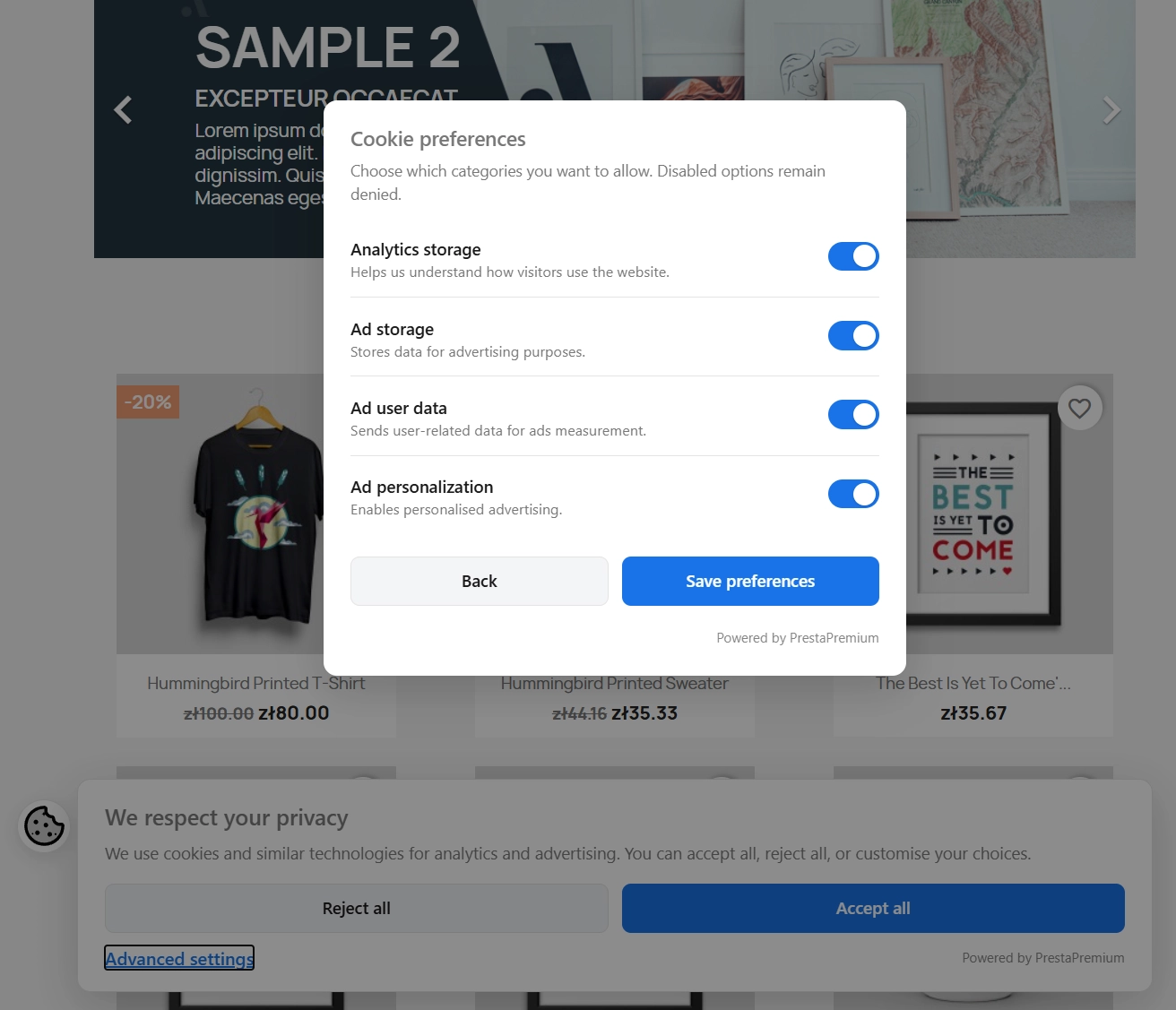 Baner cookies i Consent Mode v2 PrestaShop (free)