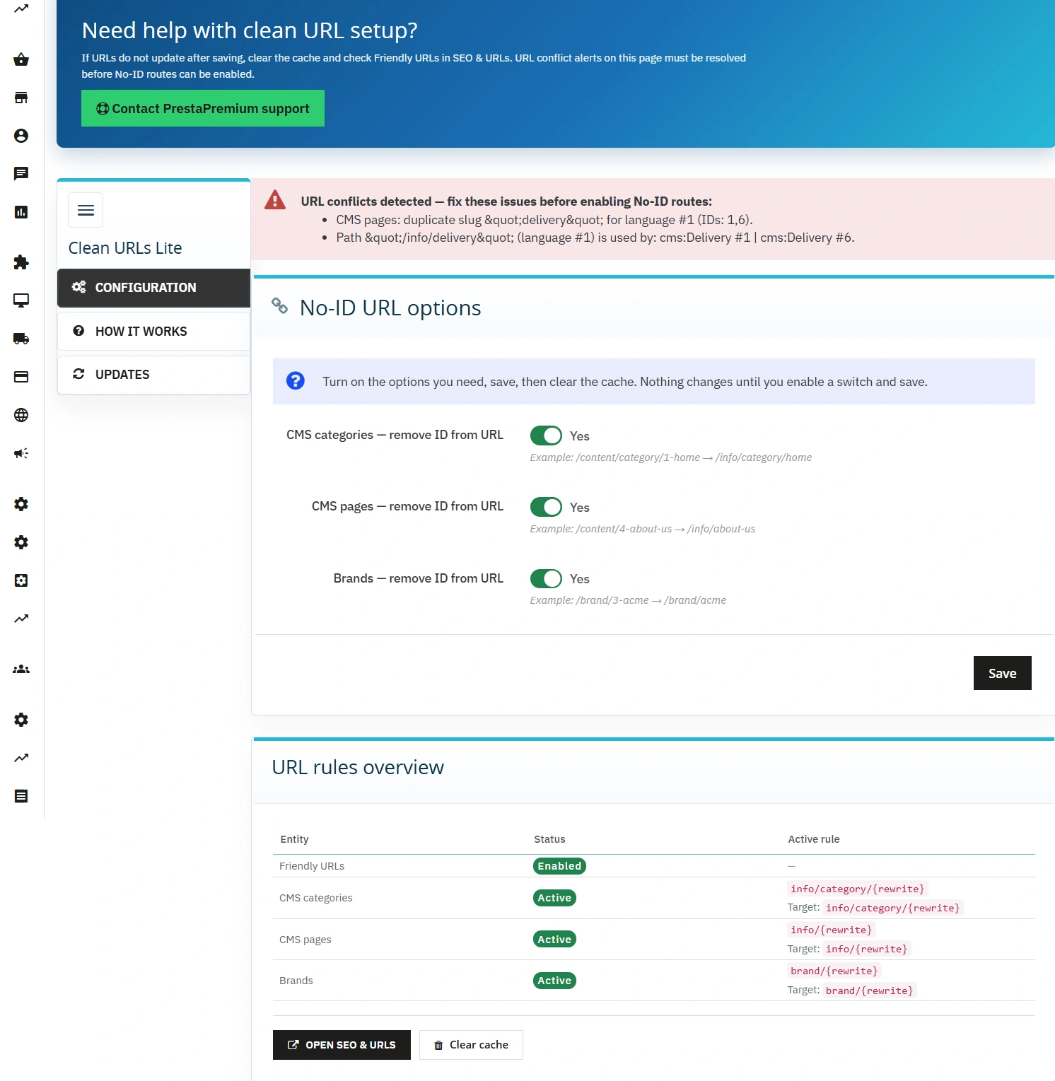 Darmowy moduł usuwający ID z URL (CMS, marki) – PrestaShop 8/9
