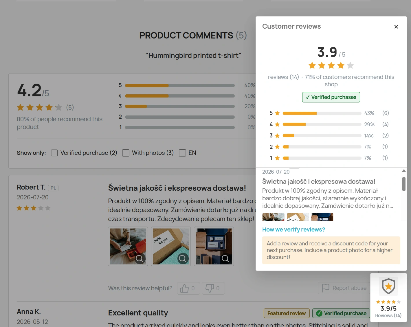 Moduł Opinii i Recenzji PrestaShop – widget, Omnibus, Zdjęcia, Kupony