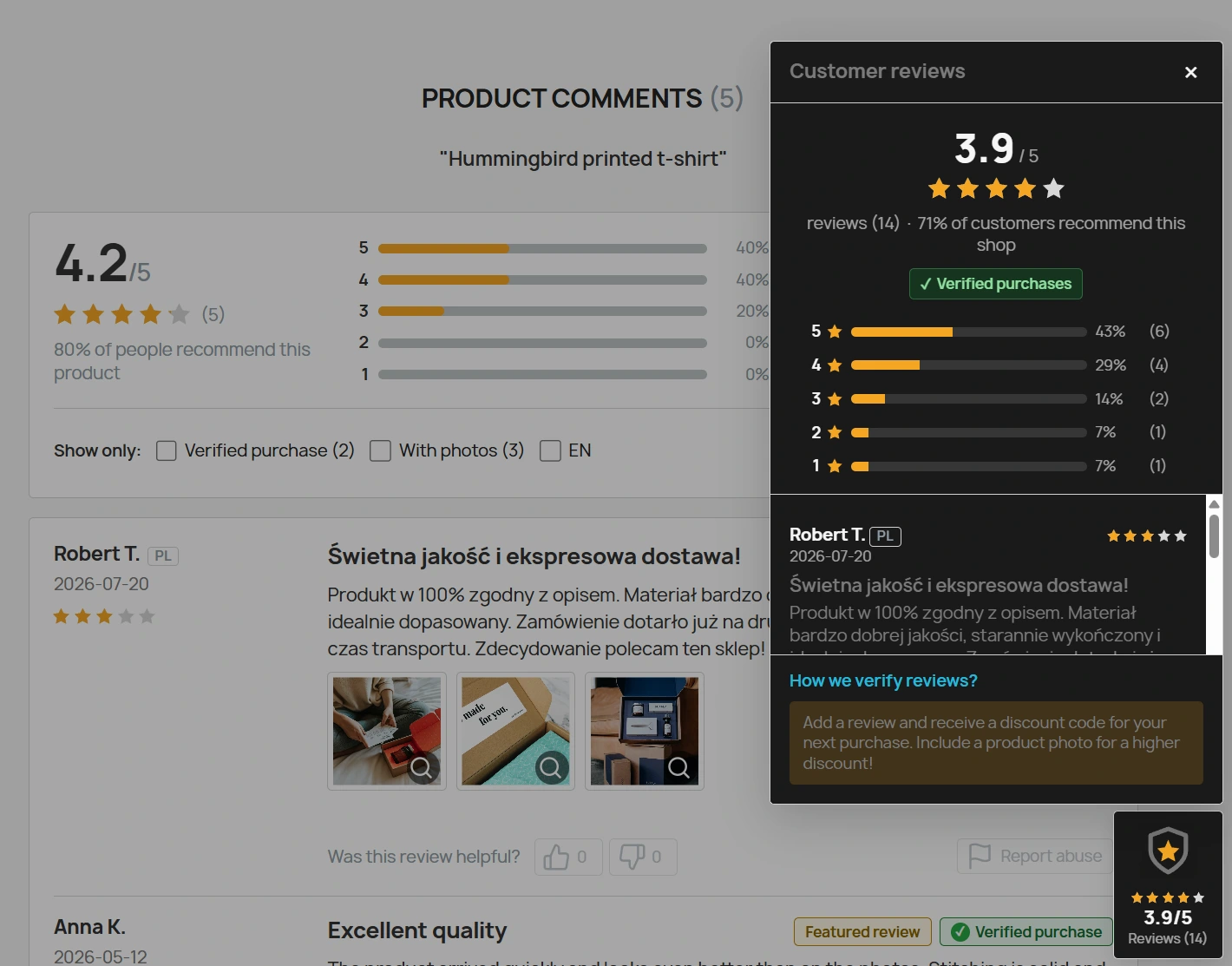 Moduł Opinii i Recenzji PrestaShop – widget, Omnibus, Zdjęcia, Kupony