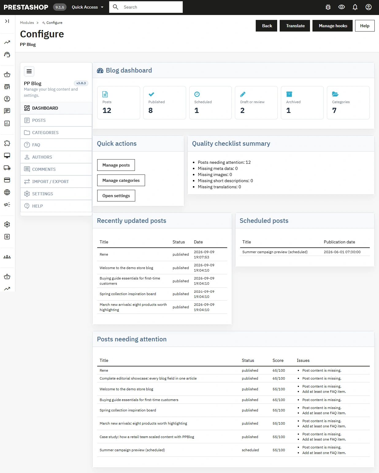 PrestaShop blog module with SEO, FAQ, workflow and comments